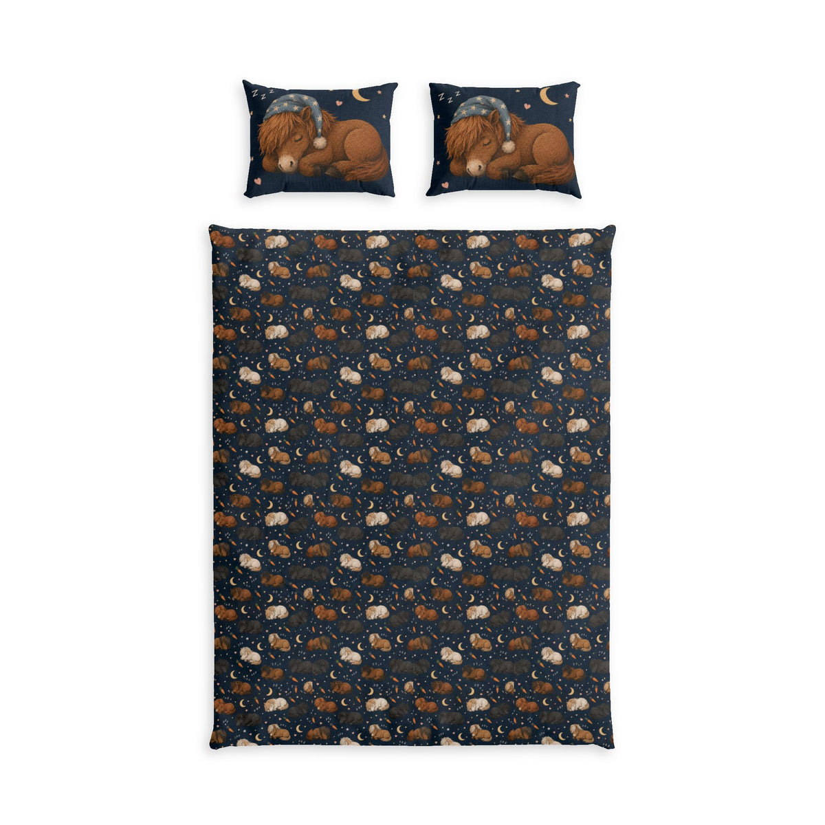 Navy horse duvet set with sham, starry-night bedroom view
