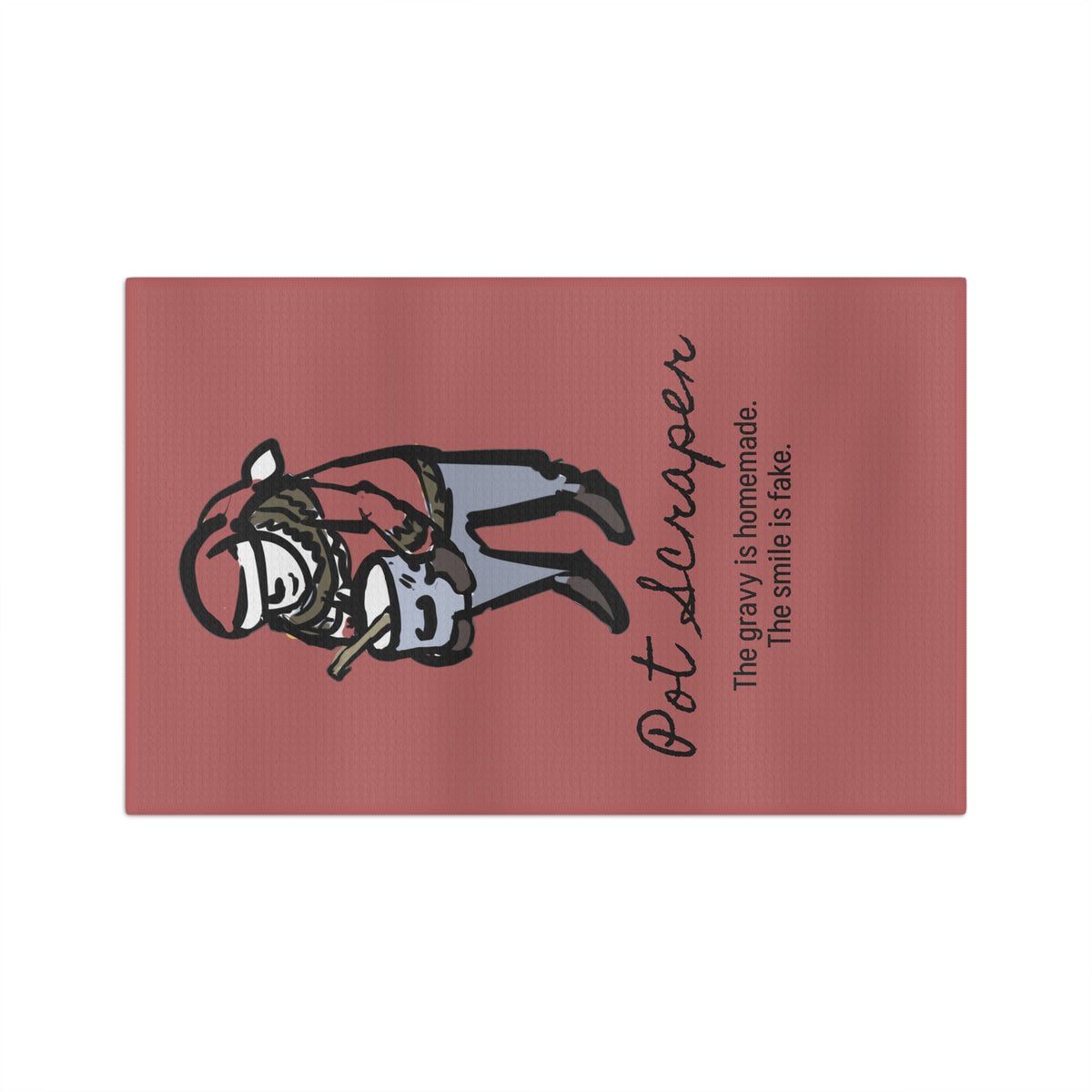 "The Gravy Is Homemade. The Smile Is Fake." Pot Scraper Yule Lad kitchen towel, art by Charlotte Guernsey, second view