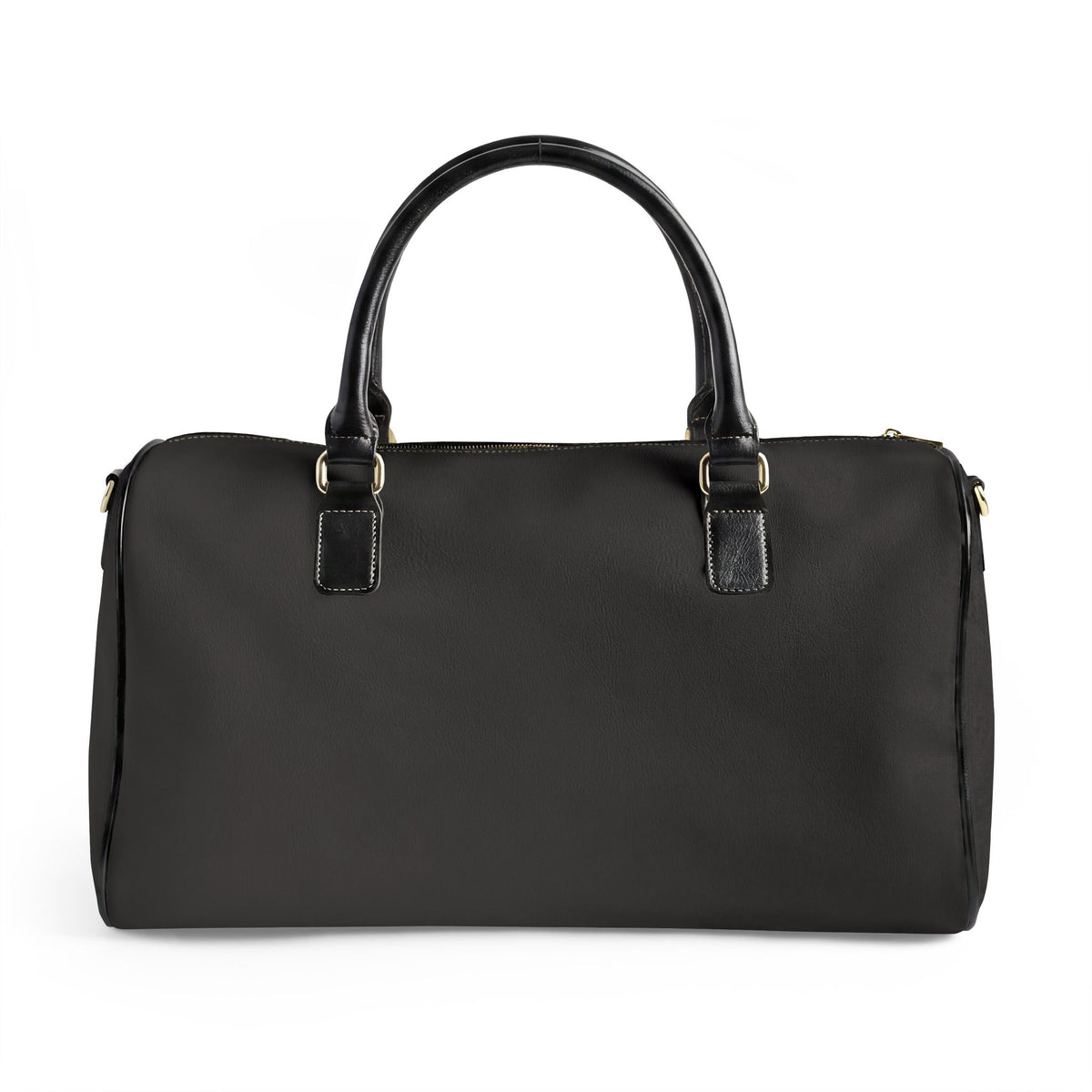 Black duffel bag with gold buckles on a white background