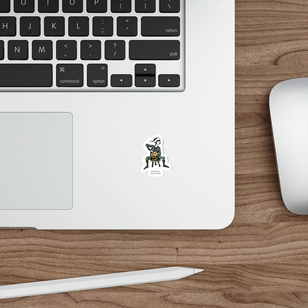 Another view of the Skyr Gobbler Yule Lad die-cut sticker, illustrated by Charlotte Guernsey