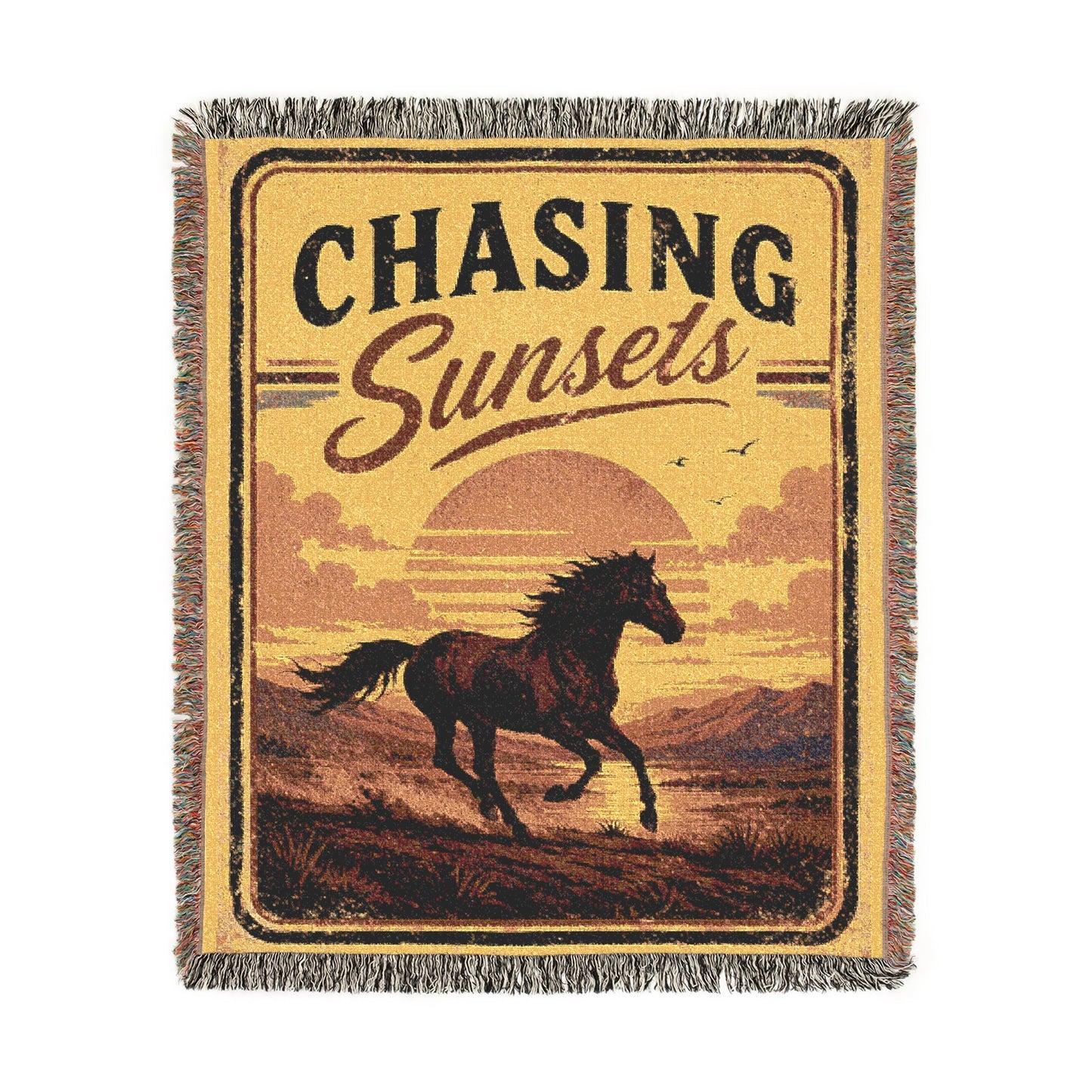 Woven Blanket — "Chasing Sunsets" Retro Horse Sunset Throw