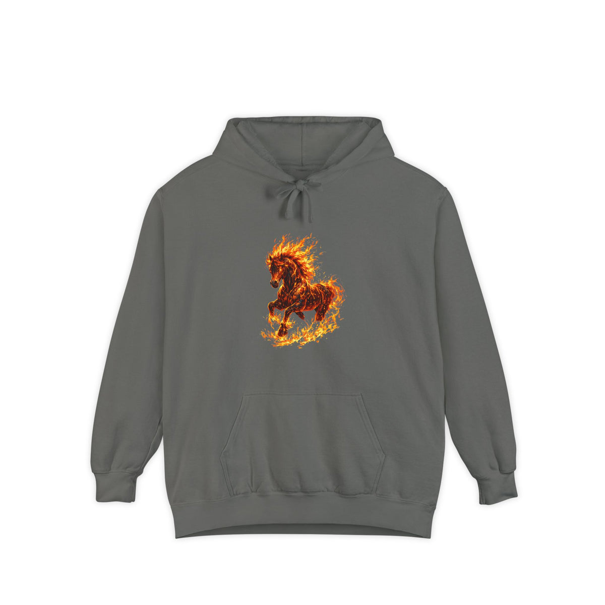 Gray hoodie with a fiery horse design on a white background