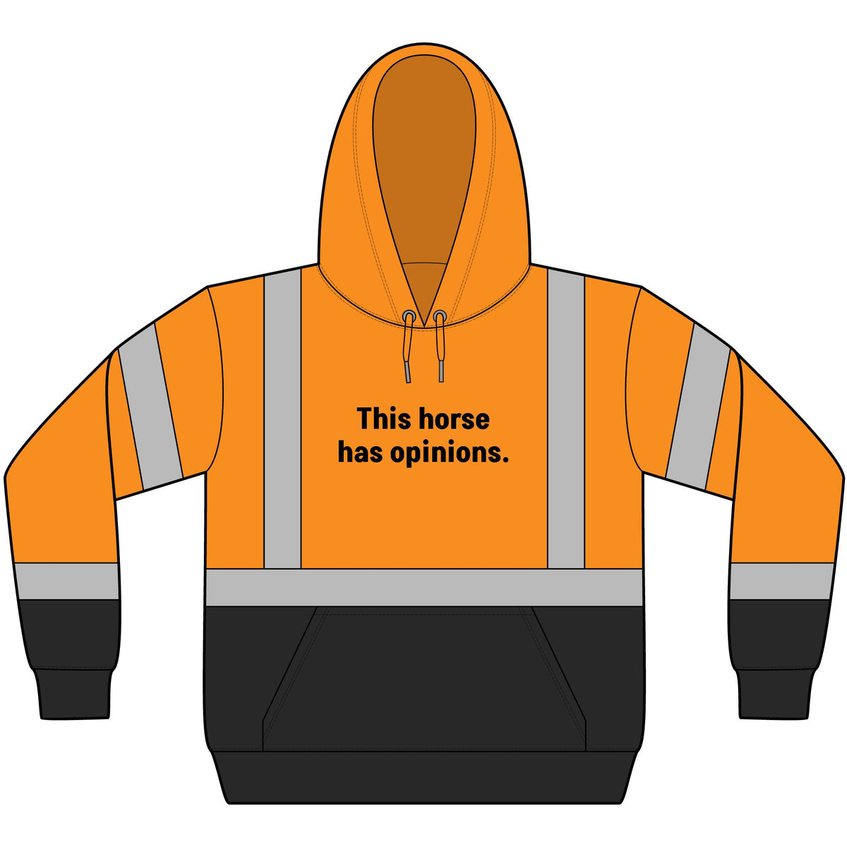 This Horse Has Opinions, Please Slow Down high-visibility reflective trail riding hoodie in safety orange with black lower front and cuffs
