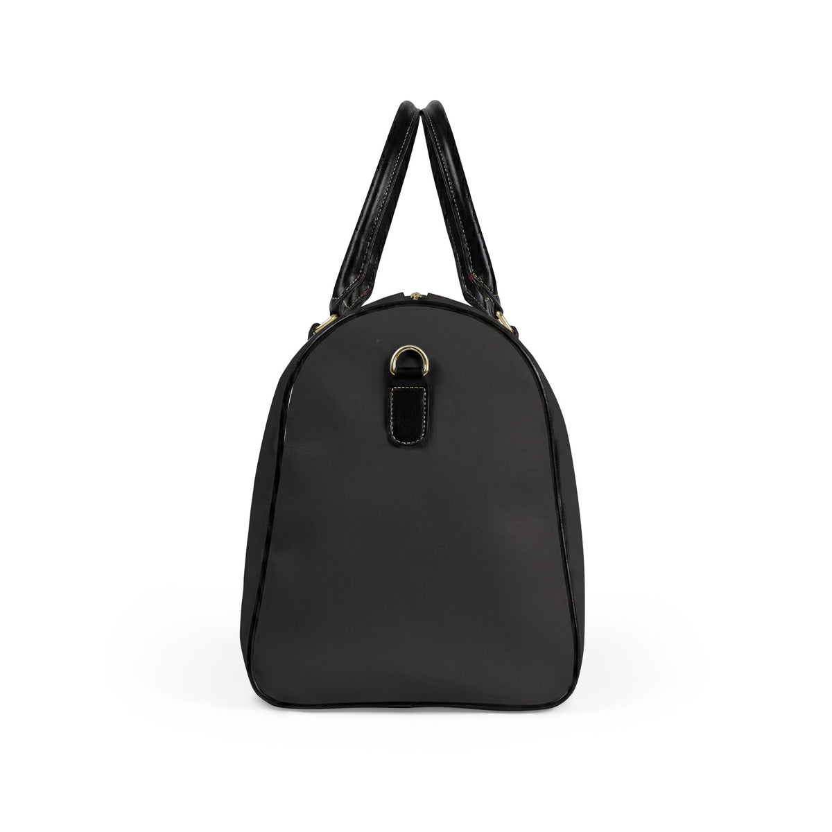 Black textured handbag with gold clasp on a white background