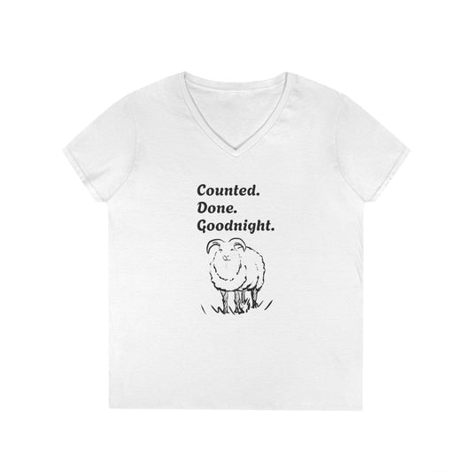 The One That Wandered Off women's V-neck sleep tee in white with lamb art by Charlotte Guernsey