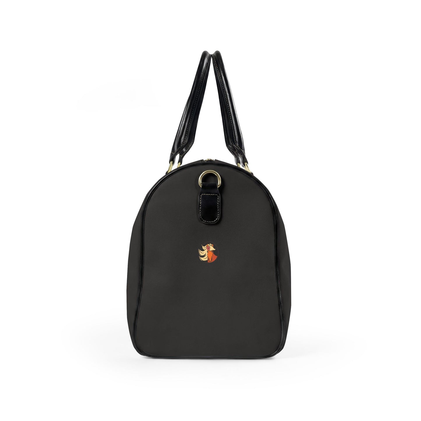 Black handbag with a small logo on a white background