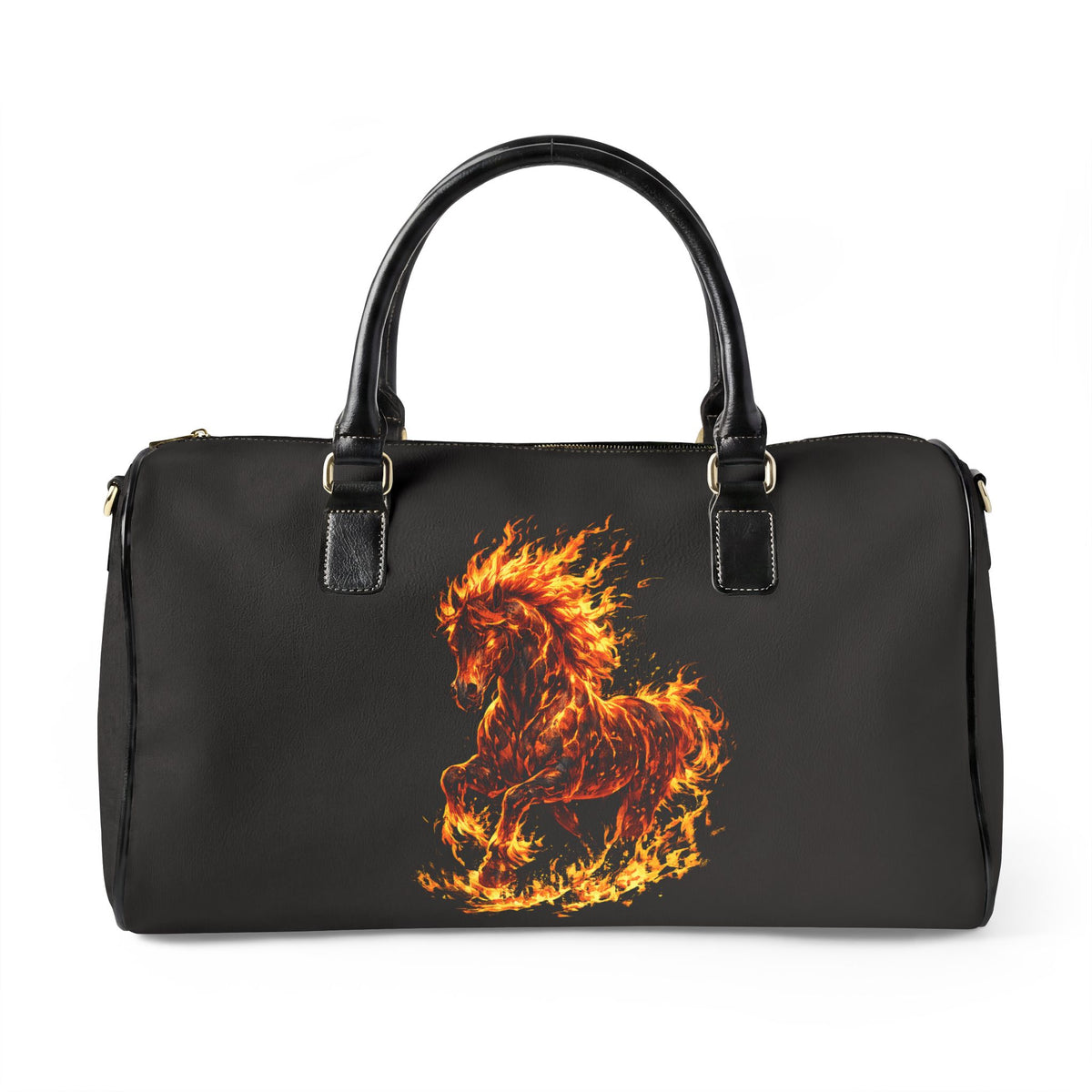 Black duffel bag with a fiery horse design on a black background
