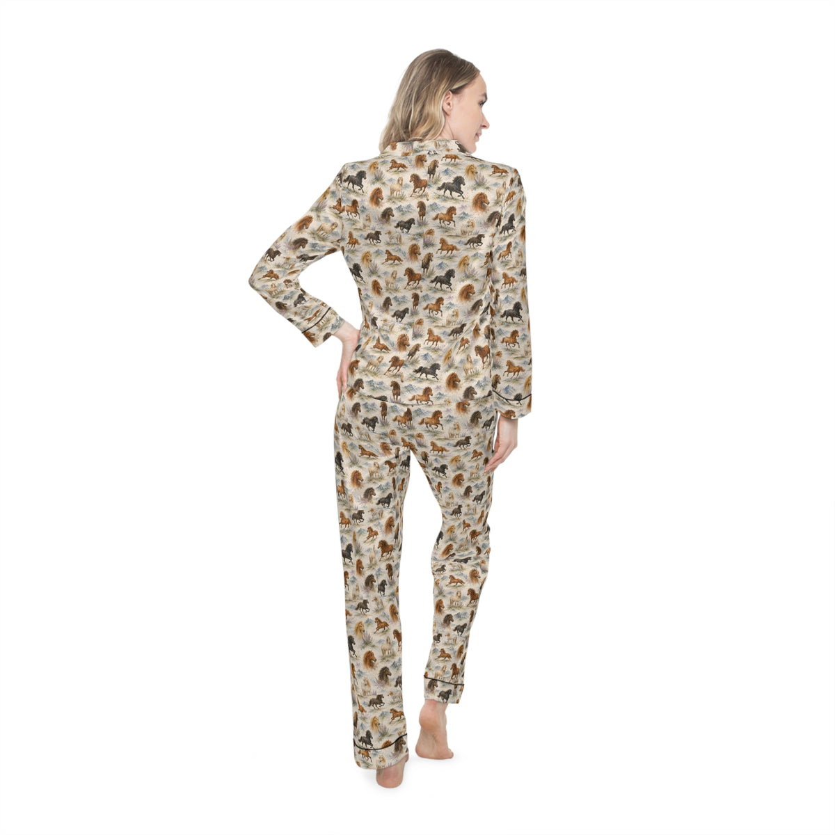 Icelandic horse satin pajamas showing drawstring waist detail