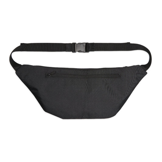 Black waist bag with a strap on a white background