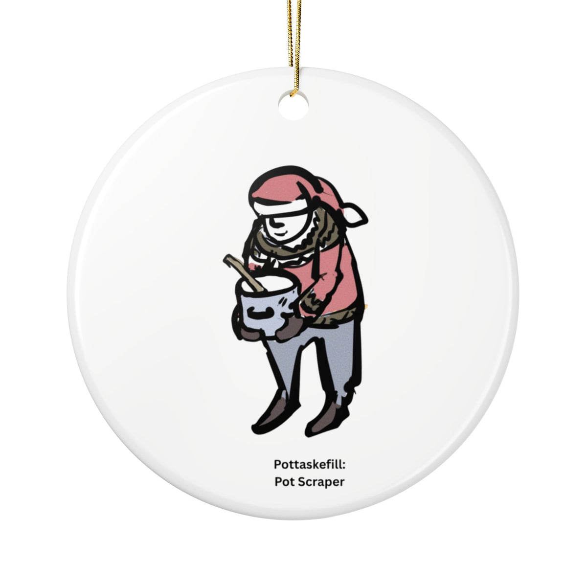 Pot Scraper Yule Lad round ceramic Christmas ornament with Charlotte Guernsey's illustration of Pot Scraper and a gold hanging cord