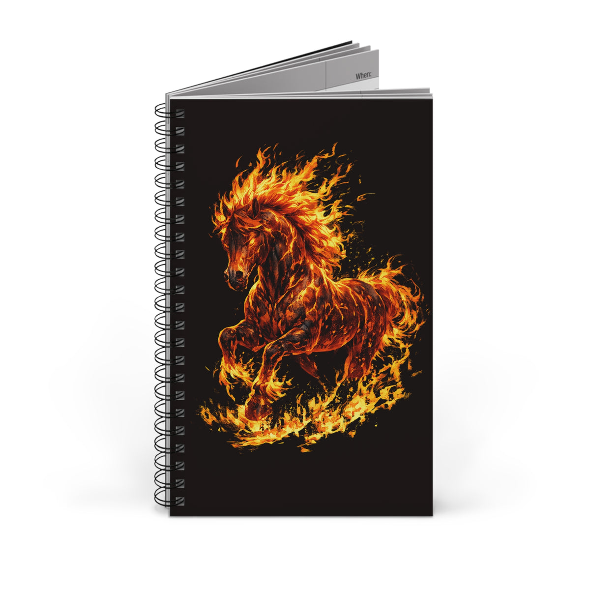 Notebook with a fiery horse design on a black background