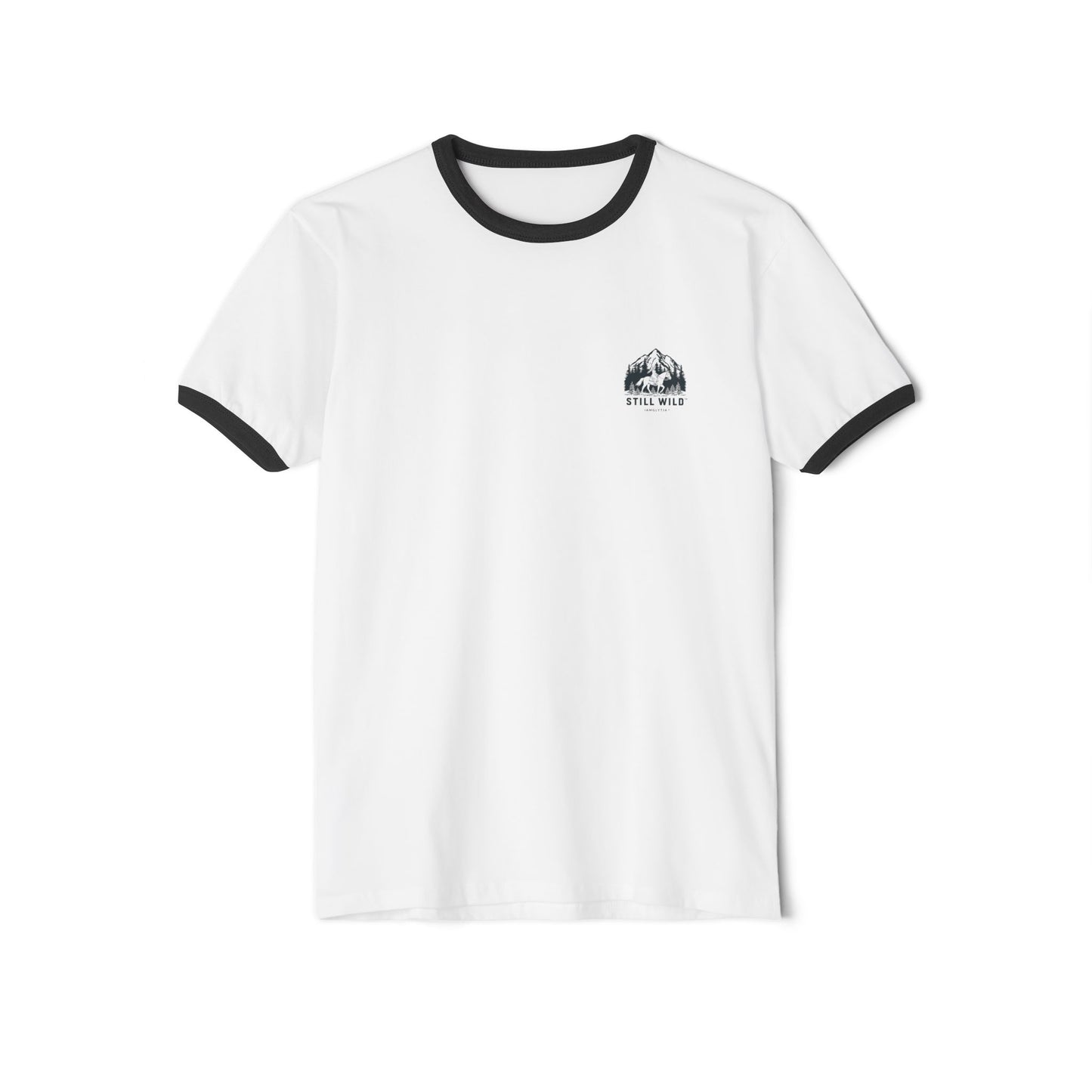 Front image:
Retro ringer tee with "Still Wild" graphic across the chest in distressed vintage print, contrast 1x1 rib binding at the collar and sleeves.
Back image:
Back of the same retro ringer tee showing a faded silhouette of a woman riding a horse, vintage tour-tee styling.