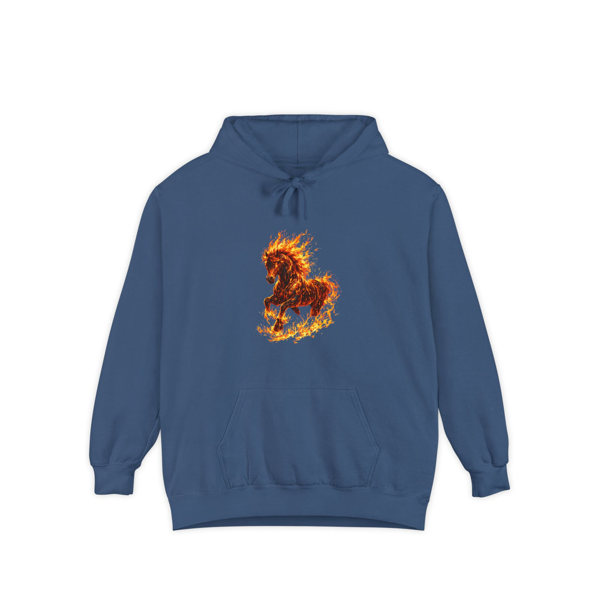 Blue hoodie with a fiery horse design on a white background