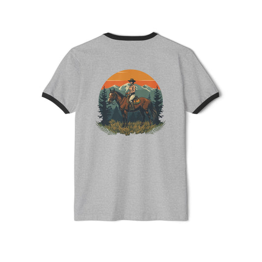 Front image:
Retro ringer tee with "Still Wild" graphic across the chest in distressed vintage print, contrast 1x1 rib binding at the collar and sleeves.
Back image:
Back of the same retro ringer tee showing a faded silhouette of a woman riding a horse, vintage tour-tee styling.