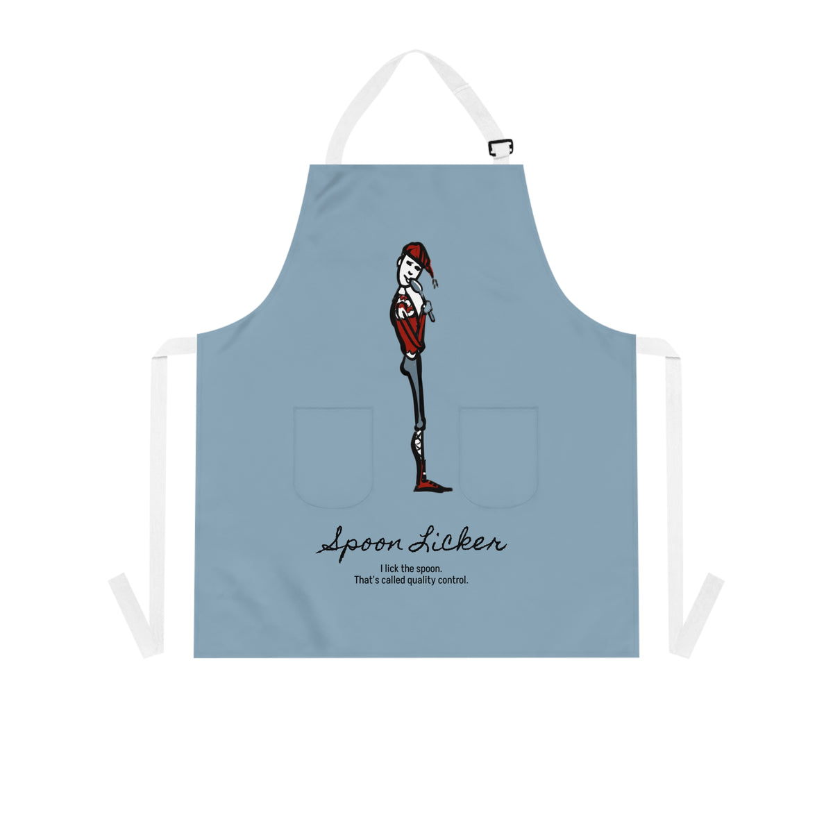 Spoon Licker Yule Lad apron with two front pockets, Charlotte Guernsey's illustration of Spoon Licker and the words I Lick the Spoon. That's Called Quality Control.