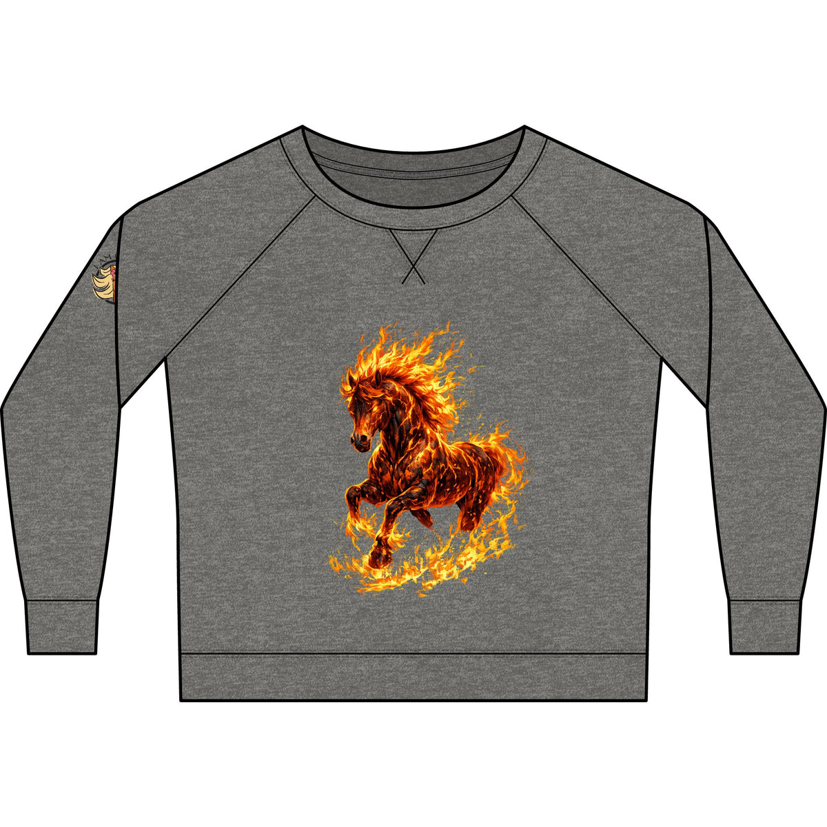 fiery horse on gray sweater