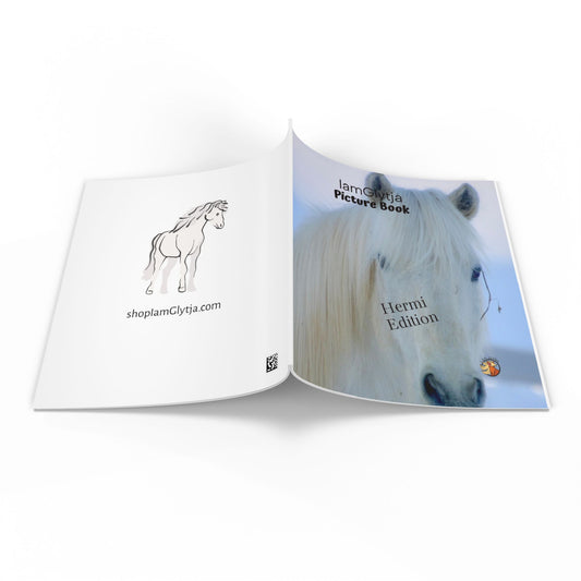 Open book showing a horse illustration and a photo of a white horse with text on a white background