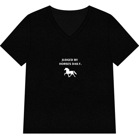 Black V-neck t-shirt with white text and horse graphic on a white background