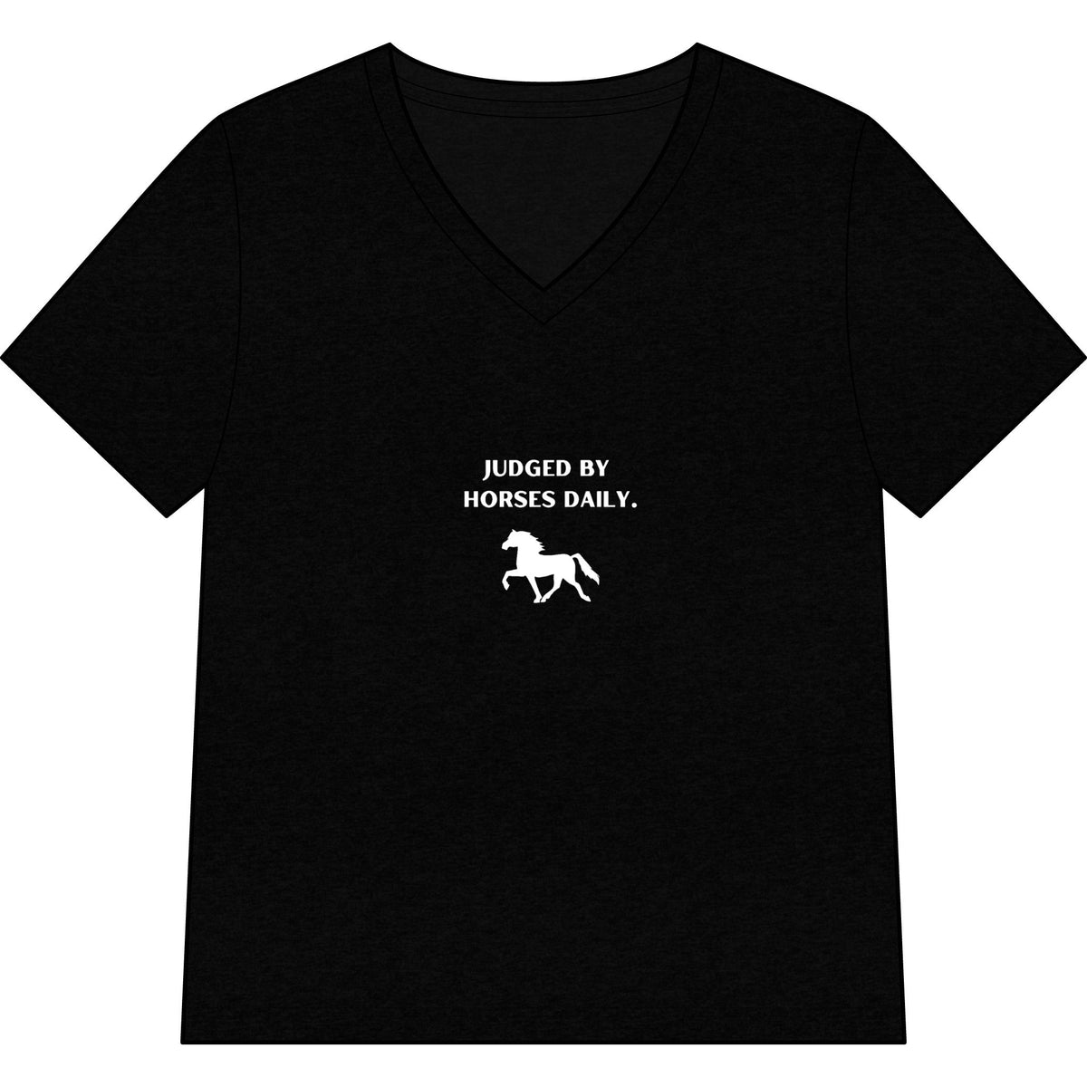 Black V-neck t-shirt with white text and horse graphic on a white background