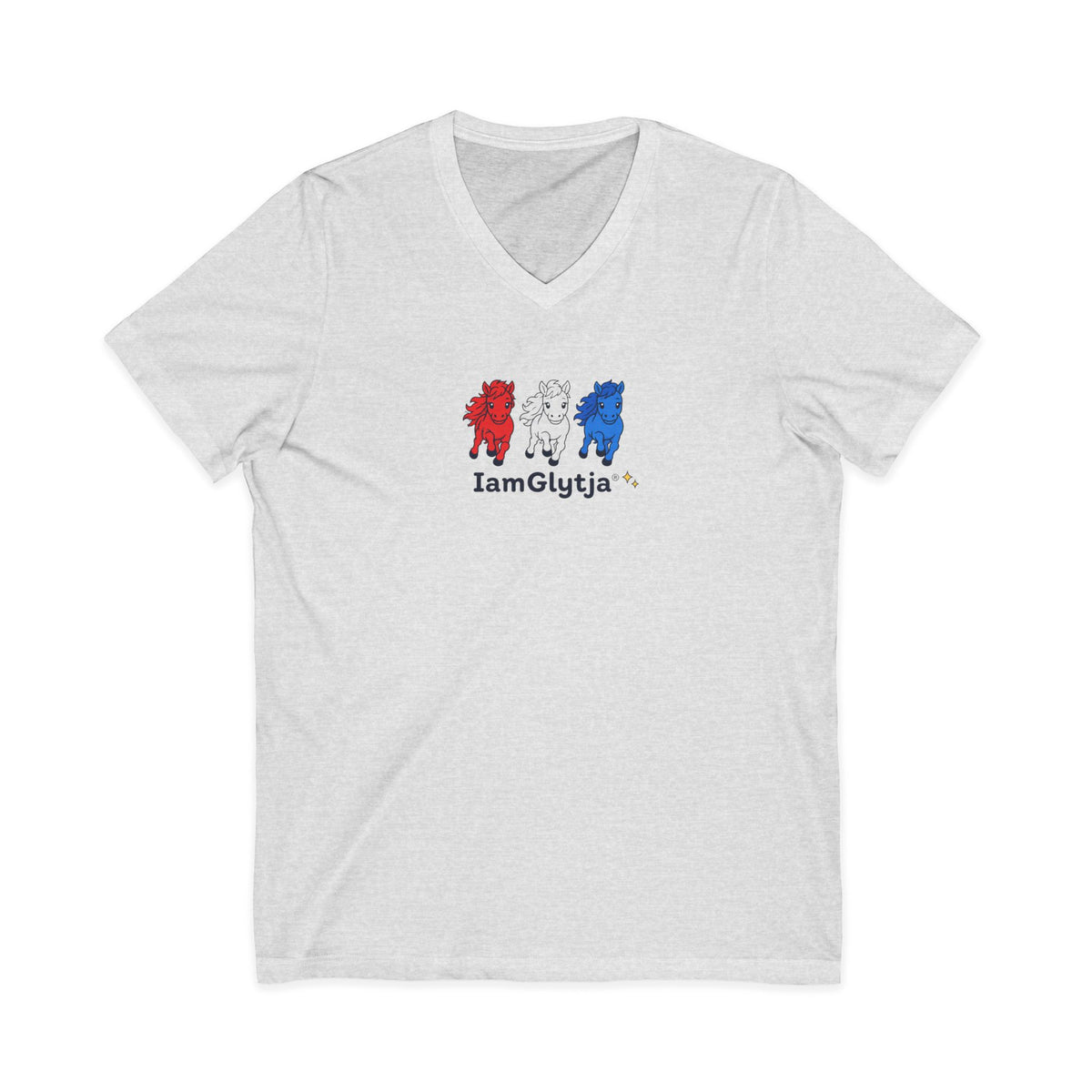 Red, white, and blue horse design V-neck tee shown in heather fabric