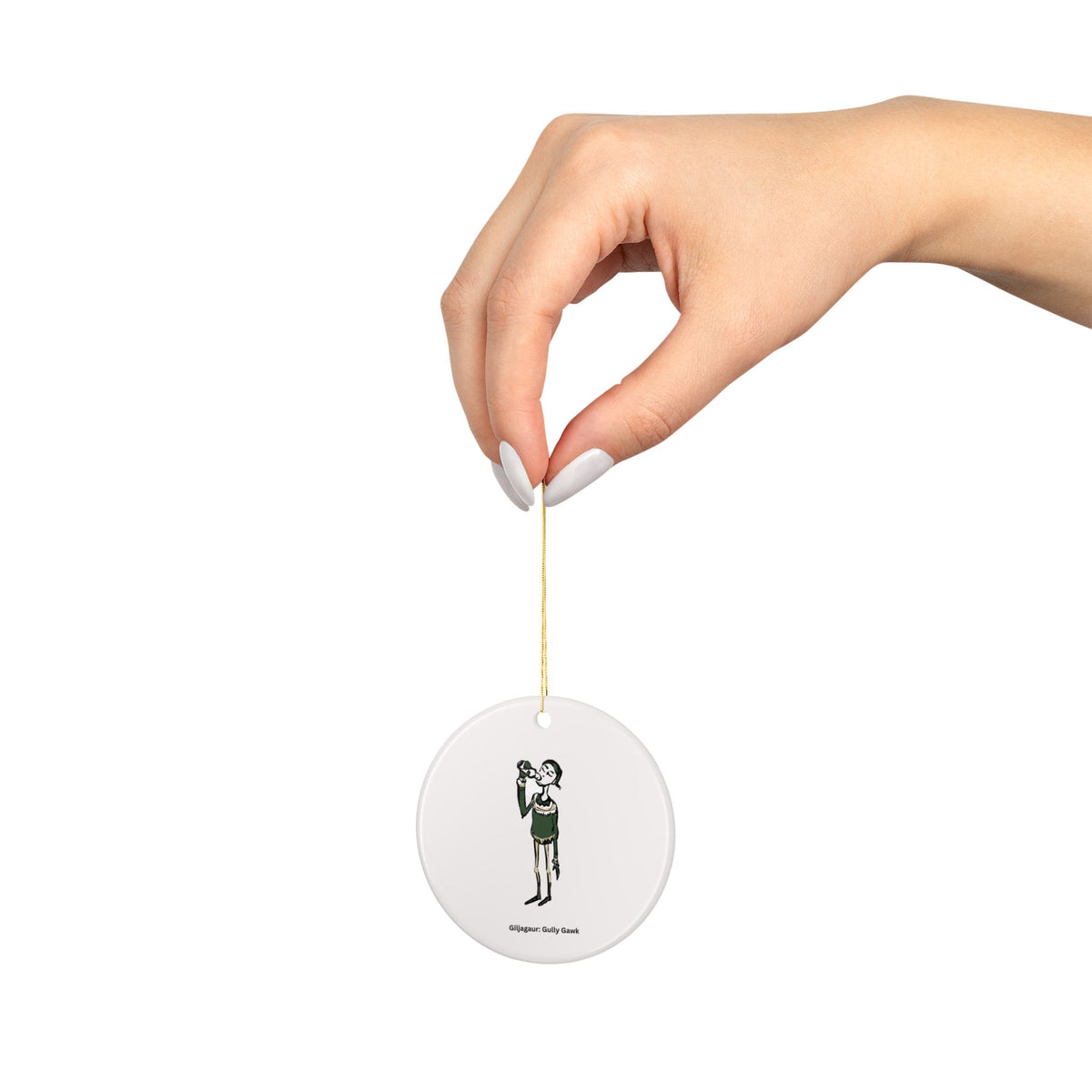 Another view of the Gully Gawk Yule Lad ceramic ornament, illustrated by Charlotte Guernsey