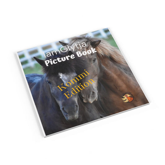 Picture book titled 'IamGlytja Picture Book Kommi Edition' featuring two horses on the cover.