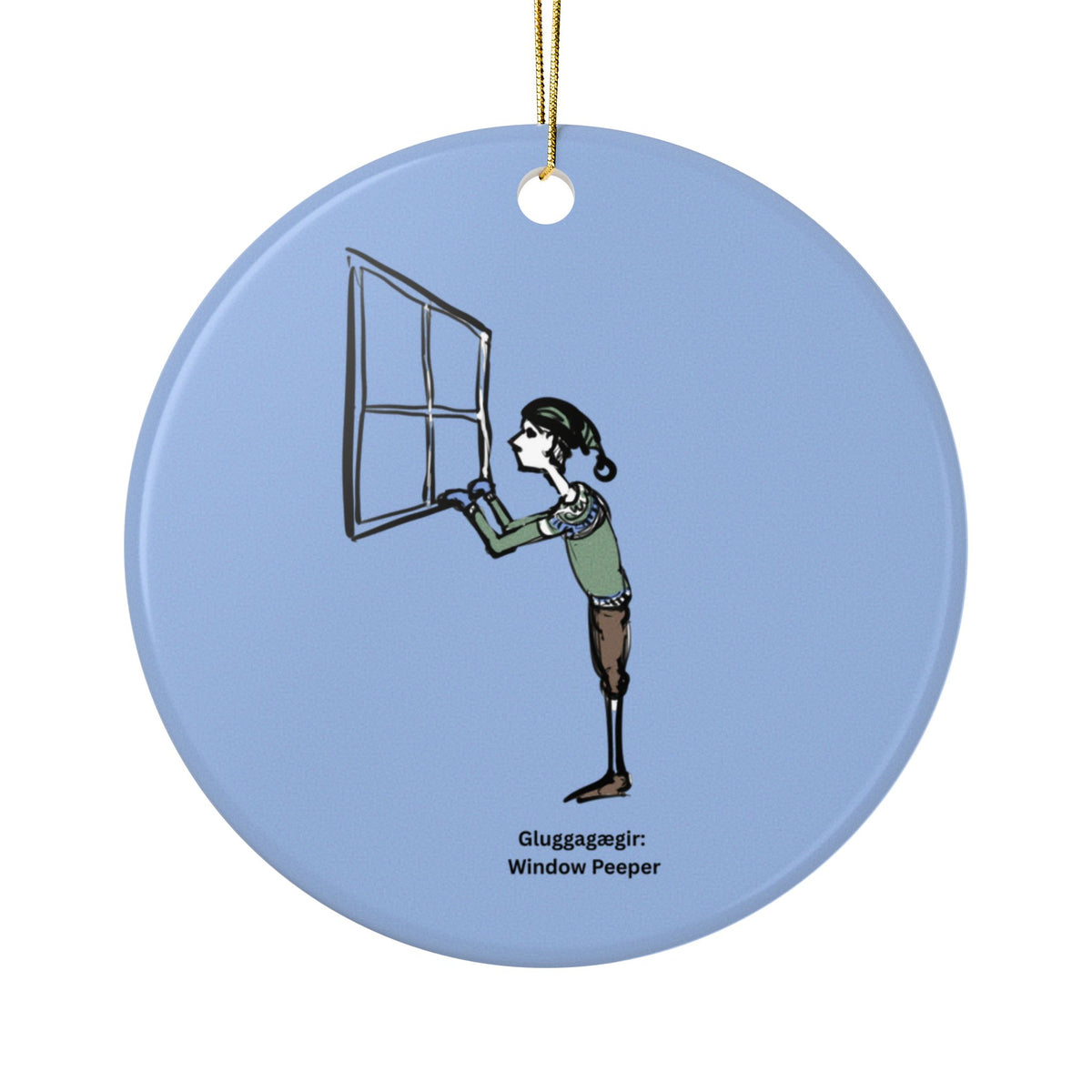 Window Peeper Yule Lad ceramic Christmas ornament, illustrated by Charlotte Guernsey