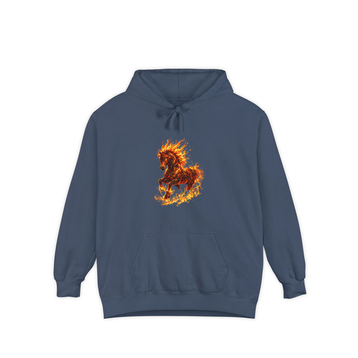Blue hoodie with a fiery horse design on a white background