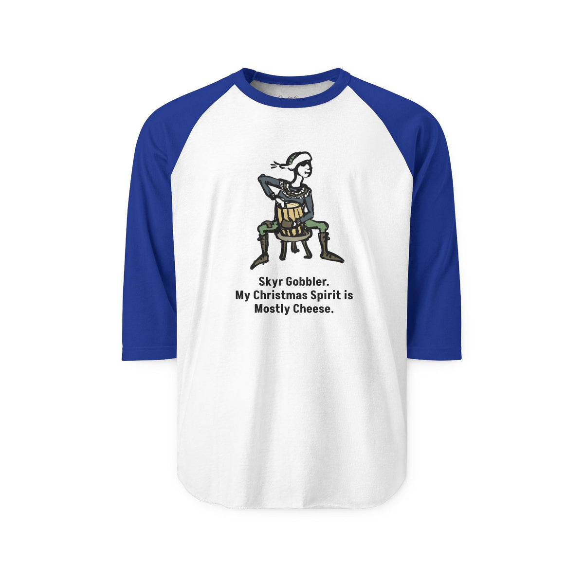 "My Christmas Spirit Is Mostly Cheese." two-tone long-sleeve tee, in White/Royal