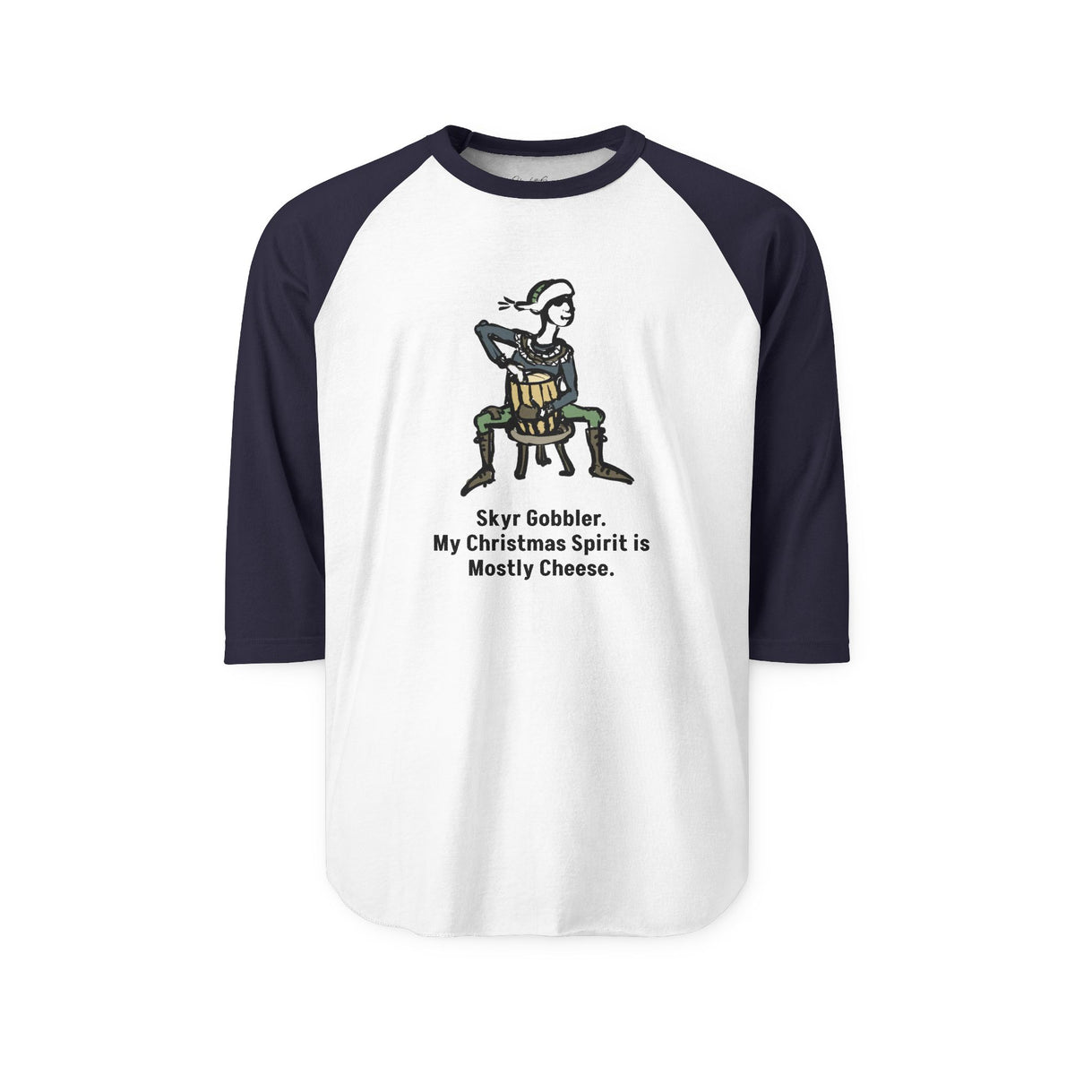 "My Christmas Spirit Is Mostly Cheese." two-tone long-sleeve tee, in White/Navy