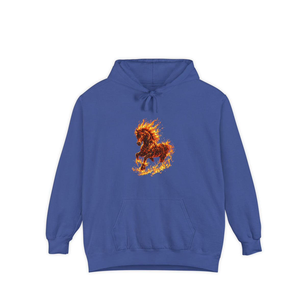 Blue hoodie with a fiery horse design on a white background