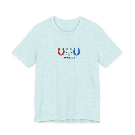 Lucky horseshoe tee with red, white, and blue horseshoes design from IamGlytja