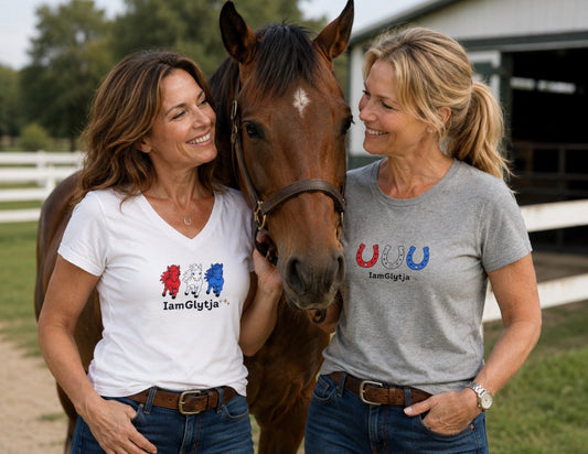 Red, white, and blue horses graphic V-neck tee by IamGlytja