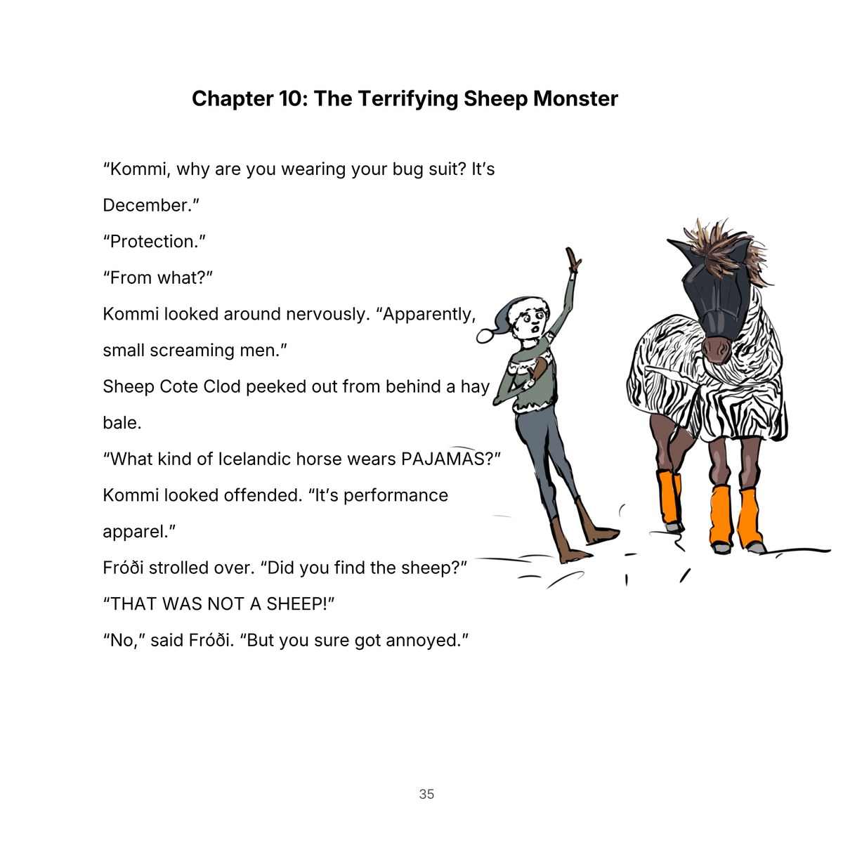 Inside page from The Yule Lads and the Great HestaRokk Hullabaloo, illustrated by Charlotte Guernsey