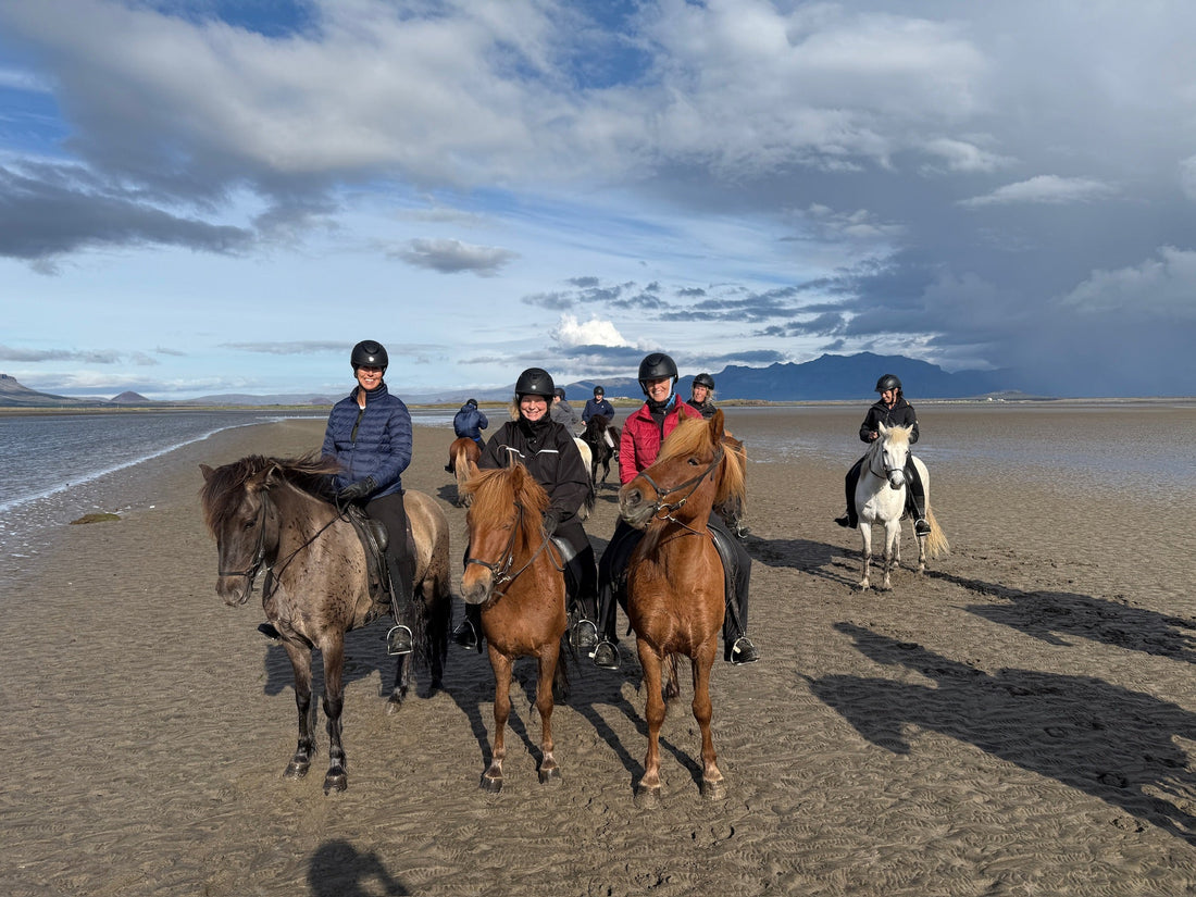 Rider in an orange rain jacket smiling on a black Icelandic horse, with the herd under a blue Iceland sky