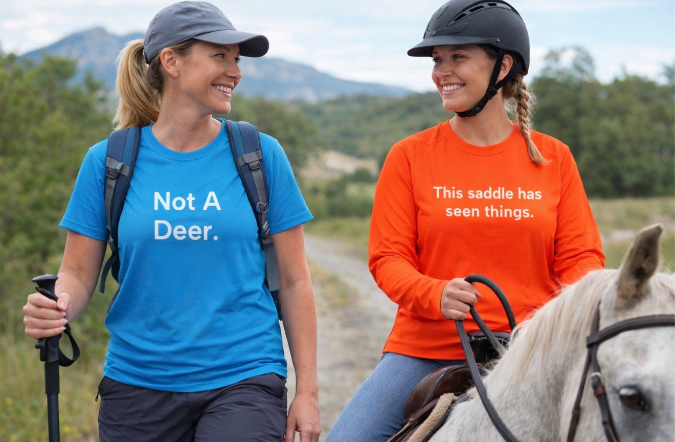 Hiker and horse rider wearing bright shirts