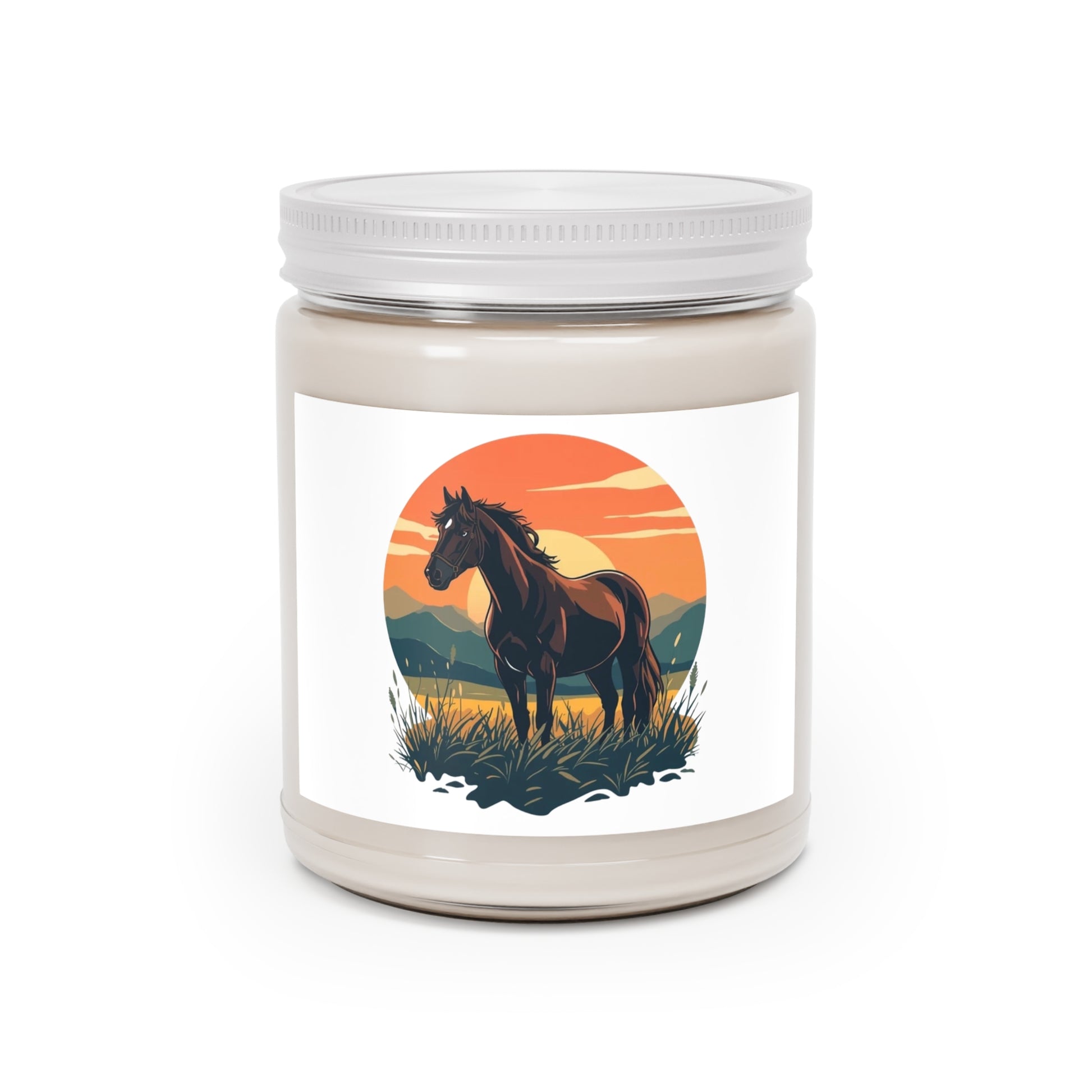 Nine ounce soy candle in a clear glass jar with a white lid and a lone horse at sunset on the label.