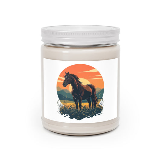 Nine ounce soy candle in a clear glass jar with a white lid and a lone horse at sunset on the label.