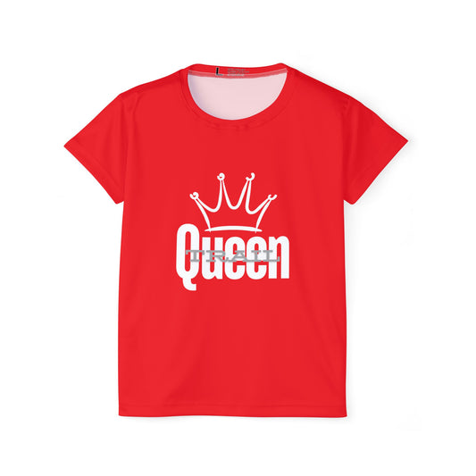 Red t-shirt with 'Queen' and a crown graphic on a white background