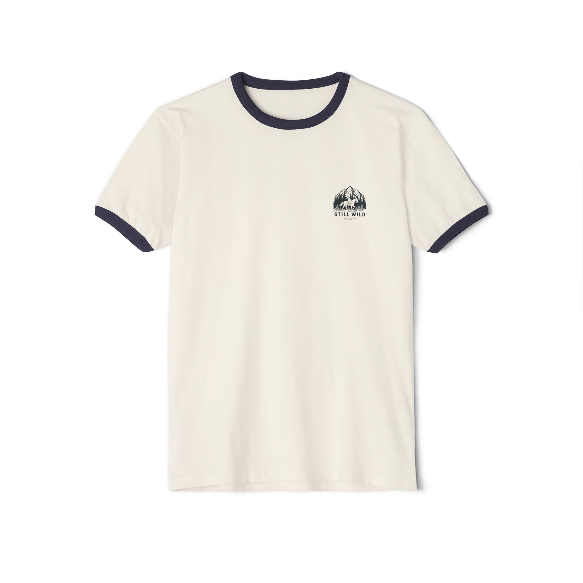 Front image:
Retro ringer tee with "Still Wild" graphic across the chest in distressed vintage print, contrast 1x1 rib binding at the collar and sleeves.
Back image:
Back of the same retro ringer tee showing a faded silhouette of a woman riding a horse, vintage tour-tee styling.