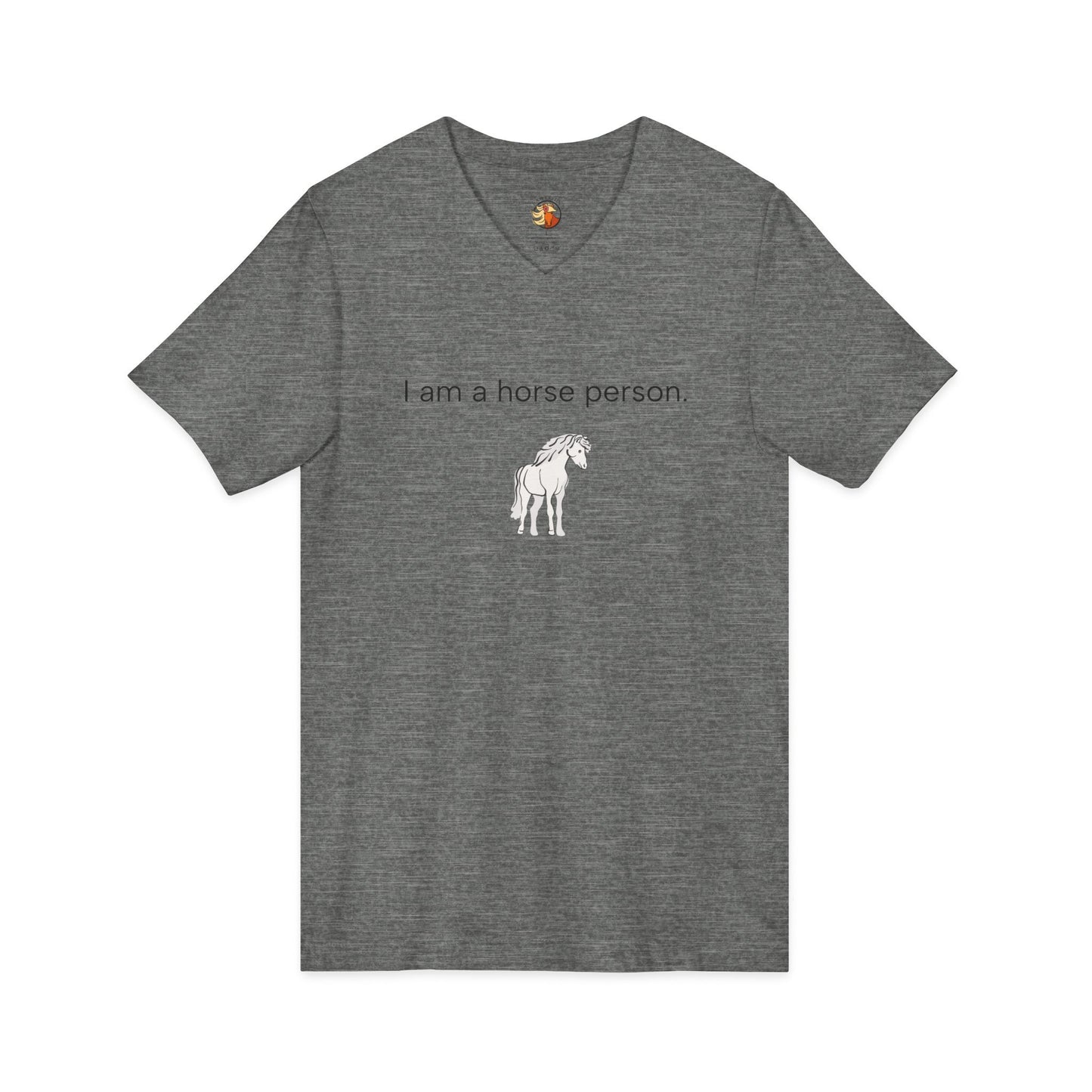 Gray t-shirt with horse graphic and text on a white background