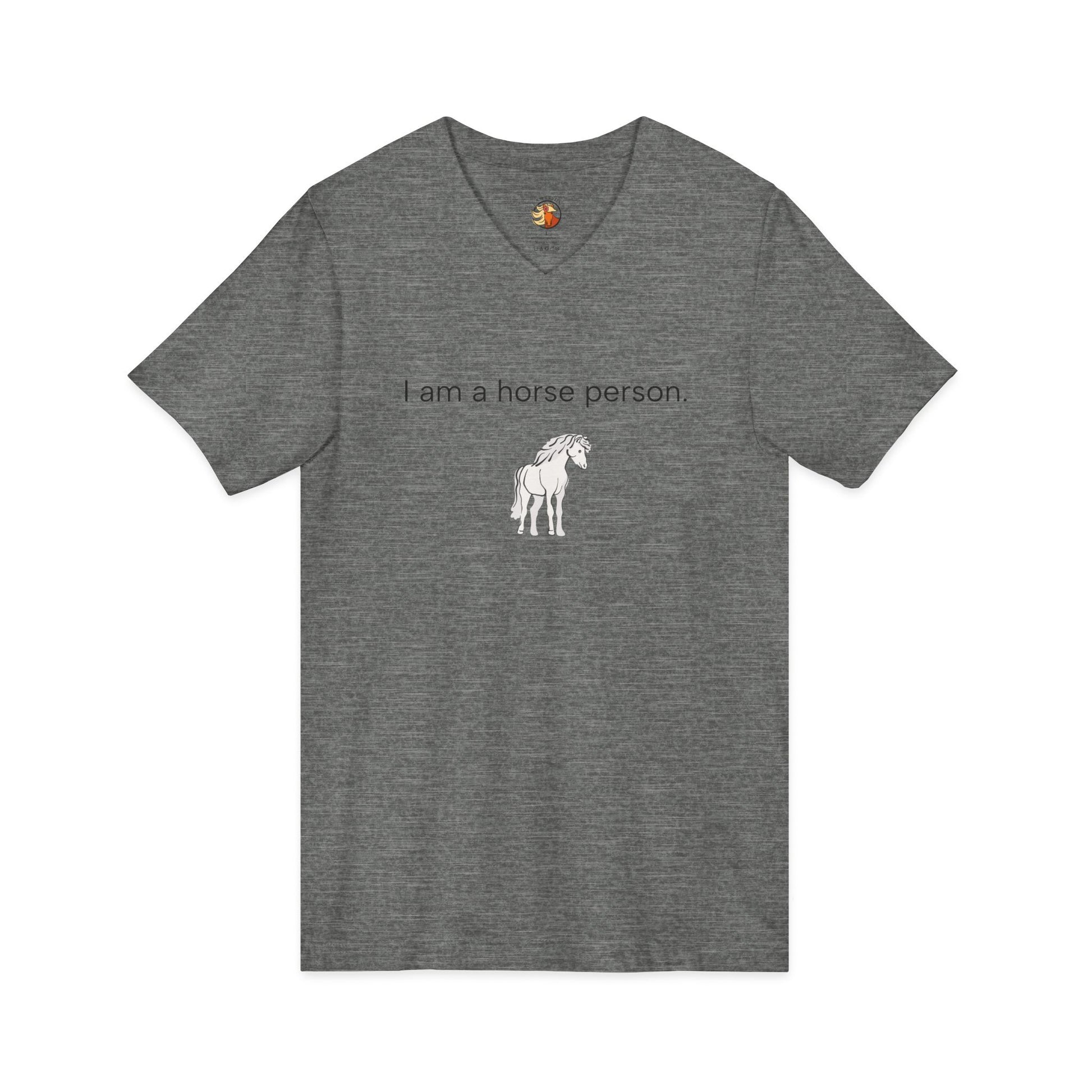 Gray t-shirt with horse graphic and text on a white background