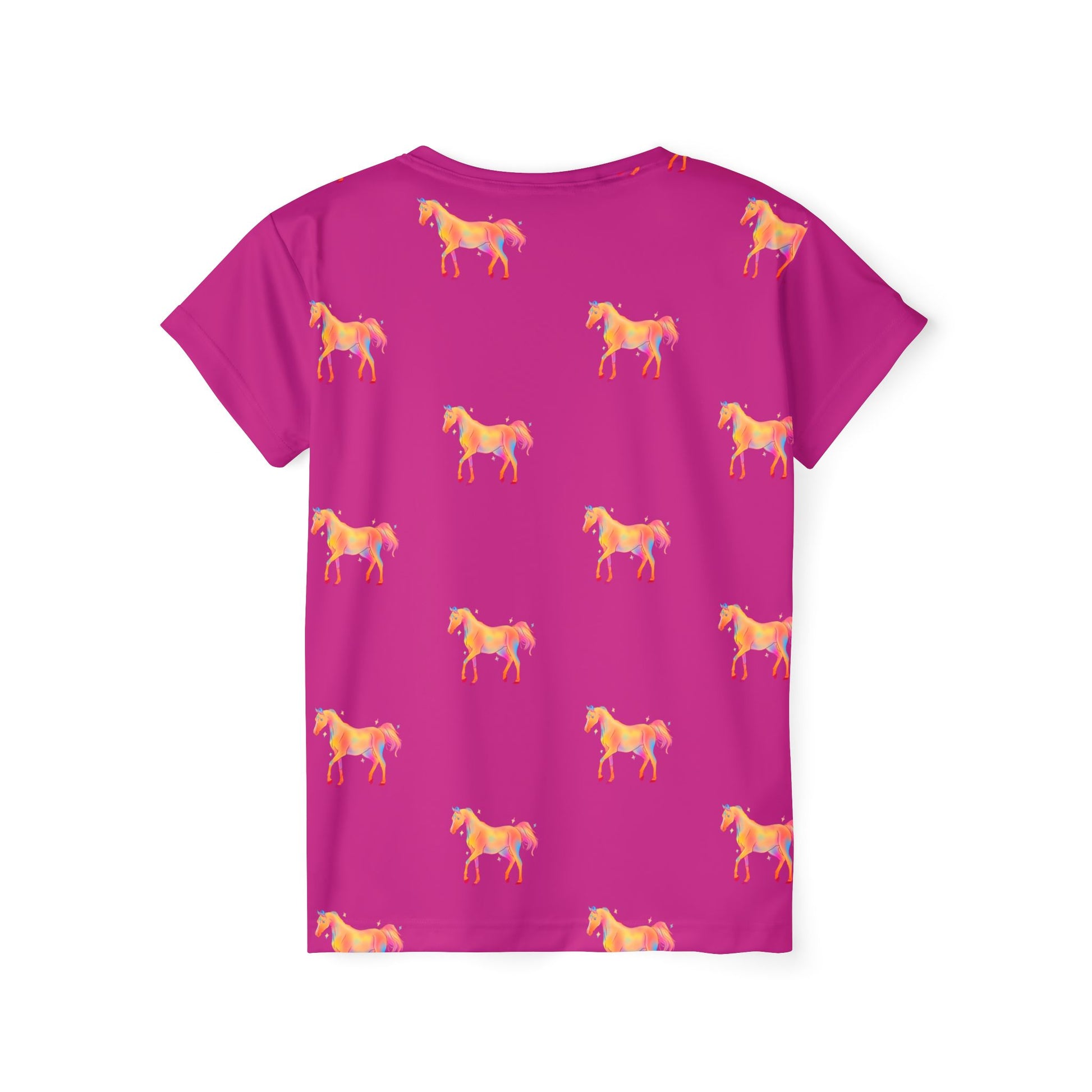 Pink t-shirt with horse pattern on a white background
