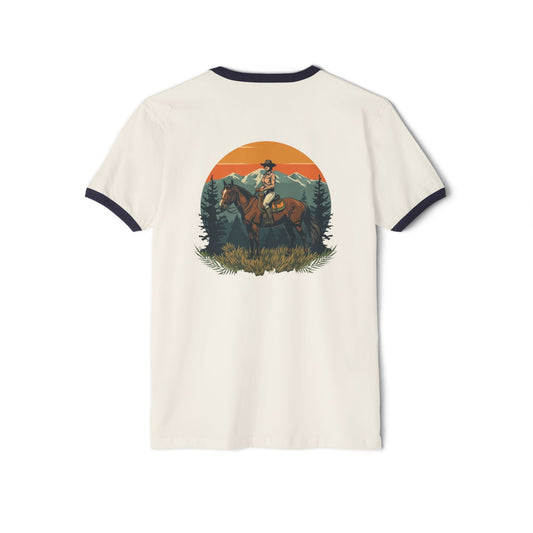Heather grey retro ringer tee with contrast trim and the words Still Wild across the chest, with a woman and horse silhouette.