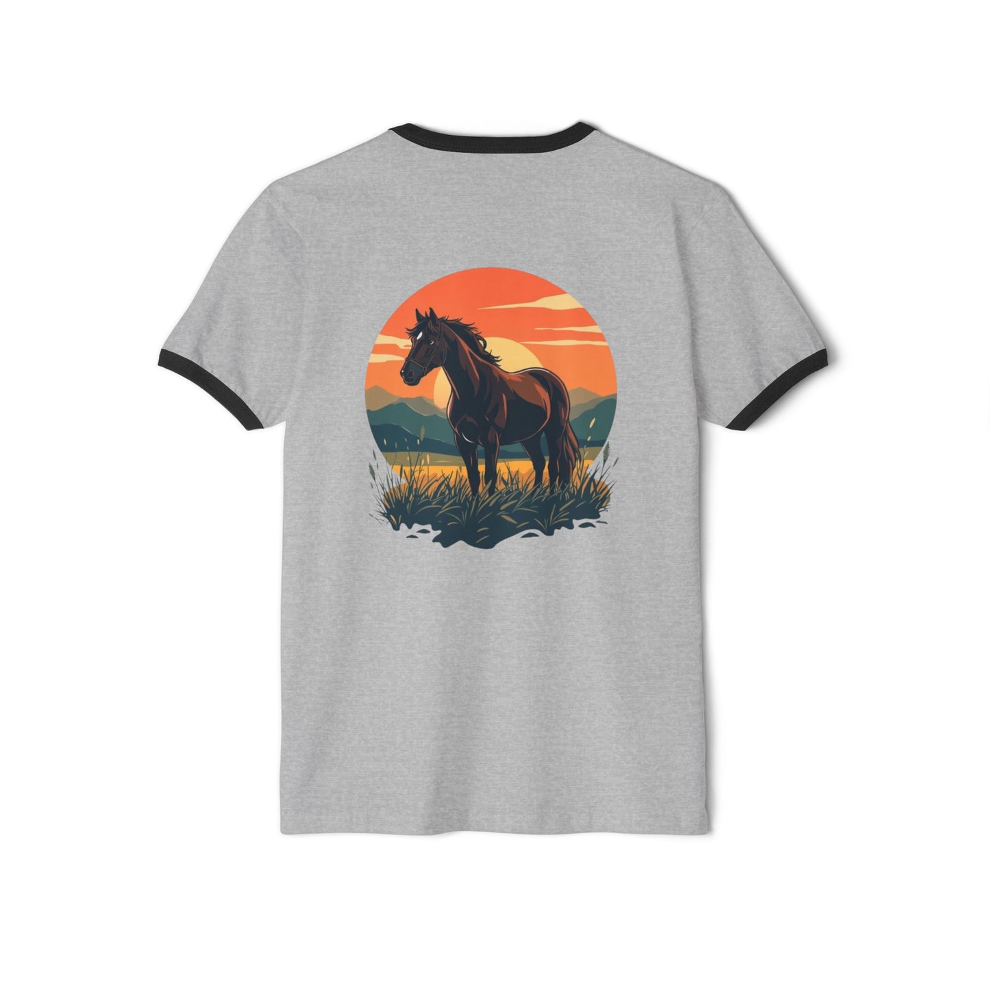Heather grey ringer tee with contrast trim and a small chest emblem, with a bold sunset and horse illustration on the back.