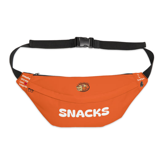 Orange waist bag with 'SNACKS' text on a white background
