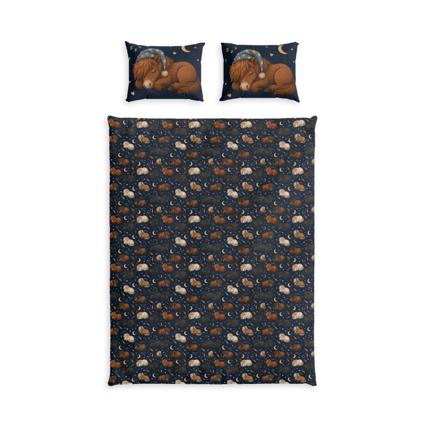 Navy horse duvet set with sham, starry-night bedroom view