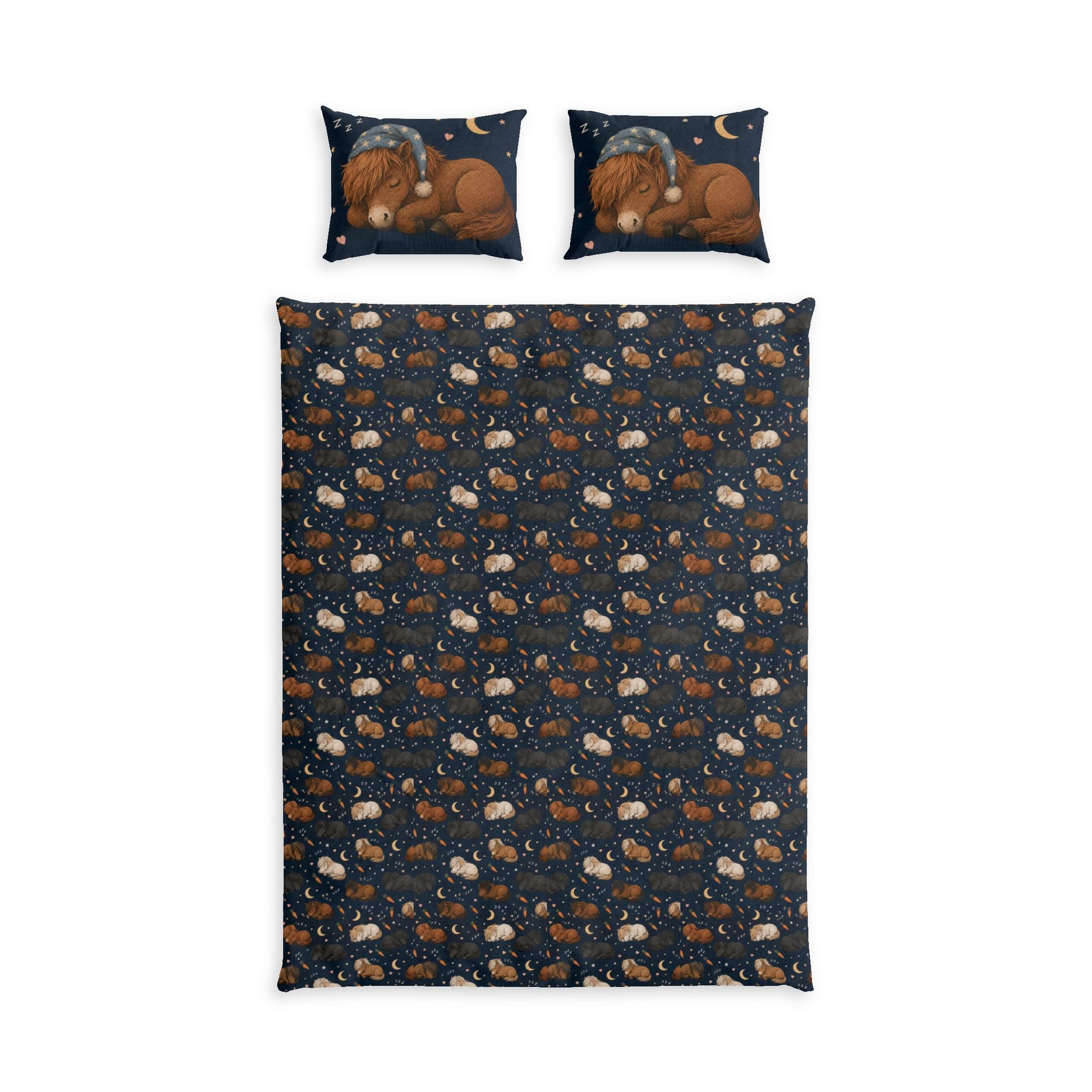 Navy horse duvet set with sham, starry-night bedroom view
