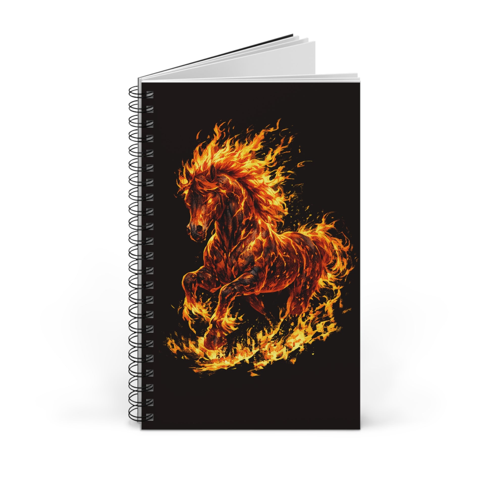 Notebook with a fiery horse design on a black background