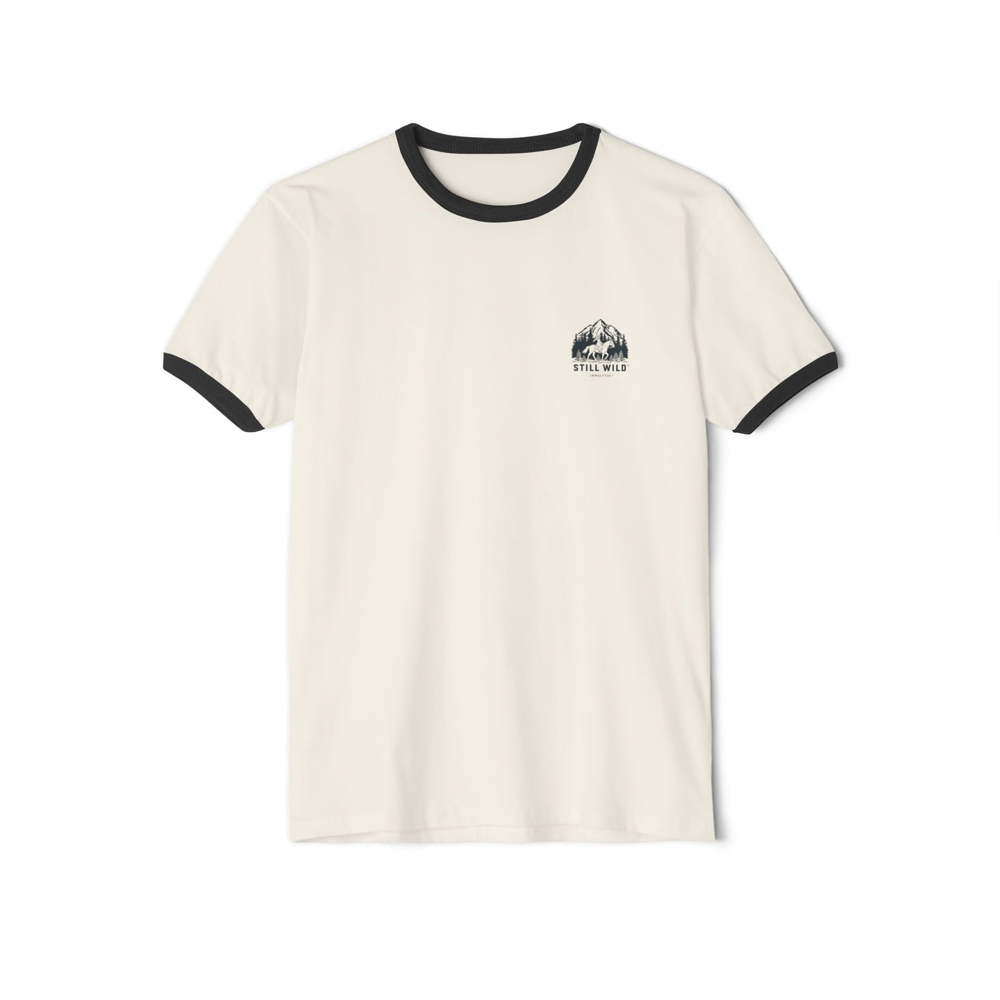 Front image:
Retro ringer tee with "Still Wild" graphic across the chest in distressed vintage print, contrast 1x1 rib binding at the collar and sleeves.
Back image:
Back of the same retro ringer tee showing a faded silhouette of a woman riding a horse, vintage tour-tee styling.